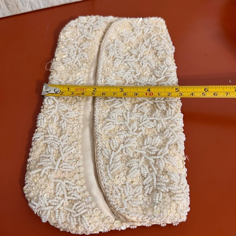 Vintage Ivory Beaded Sequin Satin Clutch Bag Evening Wedding Bridal Cream 9x5